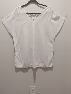 CJ Banks Cotton Blend White V-Neck Short Sleeve Tunic w/Strappy Back Cover-Up
